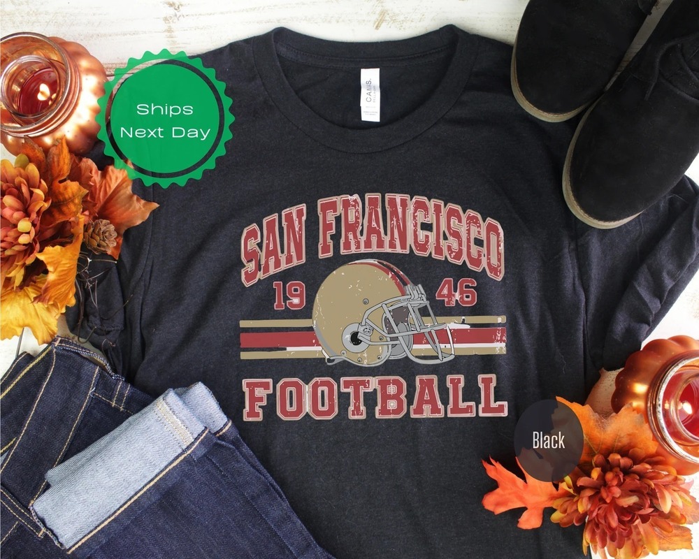 Distressed San Francisco 49ers Retro Football Crewneck Shirt